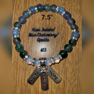 Jadeite/Chalcedony/Opalite/ "Faith/Hope/Love  Charms Bracelet